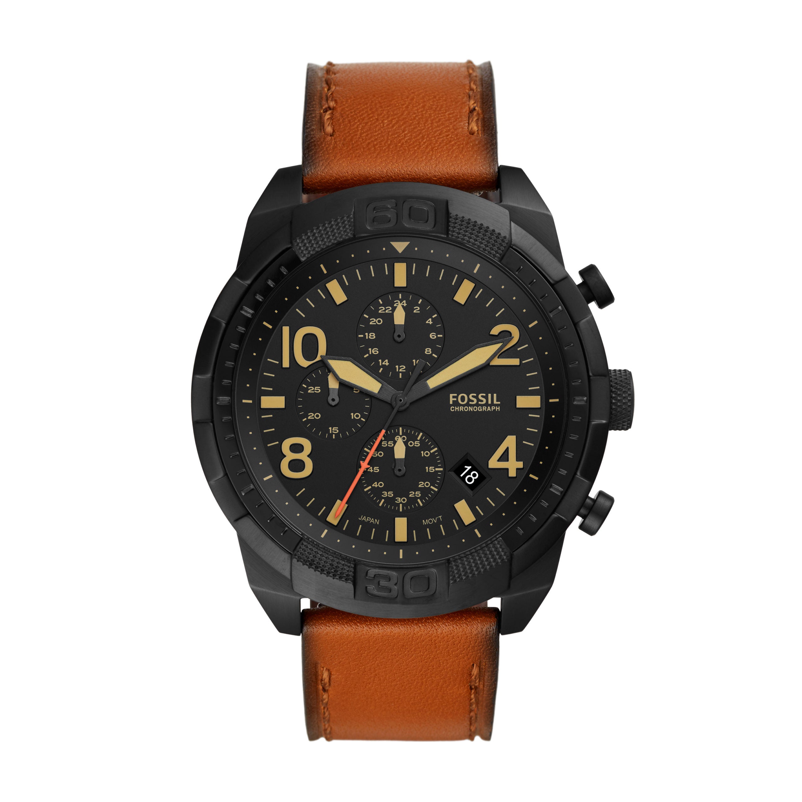 The Fossil Mens Bronson Chronograph Watch FS5714 features a black round face, brown leather strap, three subdials, and a date display.