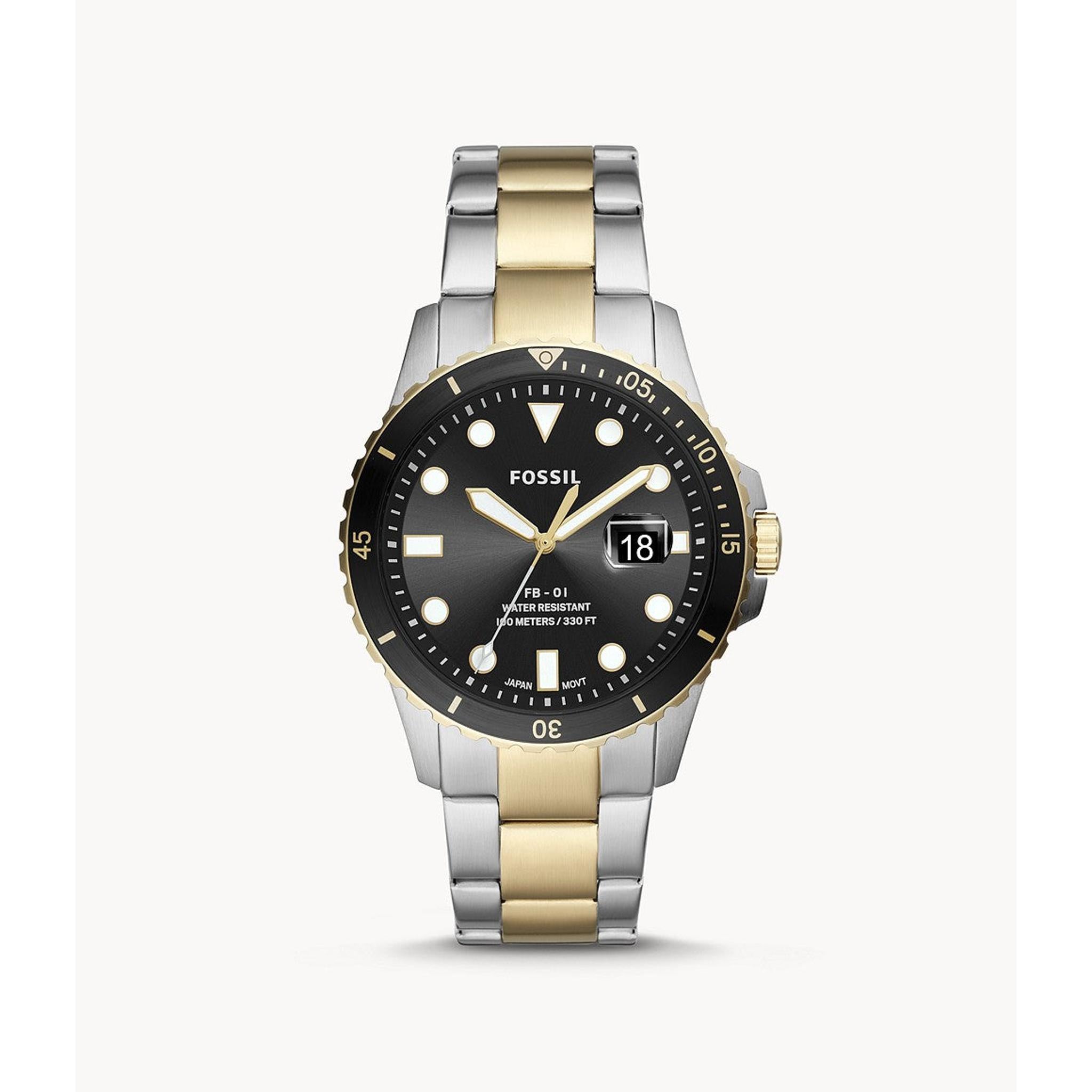 The Fossil FS5653 Gents Gold and Silver Two Tone 'Fb - 01' Sports Chrono Watch features a black dial, date display, luminous hour markers, and a men's two tone gold and silver metal band.