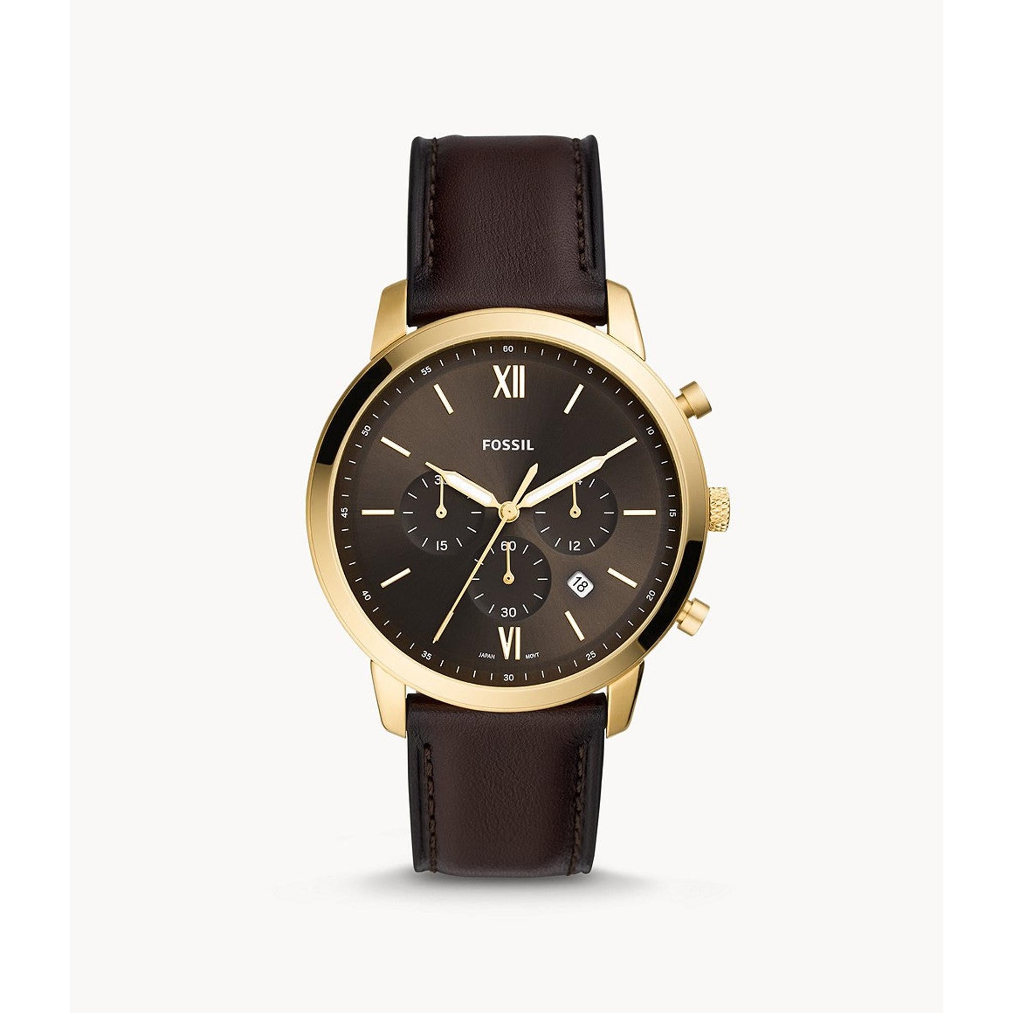 The Fossil Gents FS5763 Neutra Chrono watch features a gold tone case, brown leather strap, black dial with Roman numeral and bar markers, three subdials, and a date display.