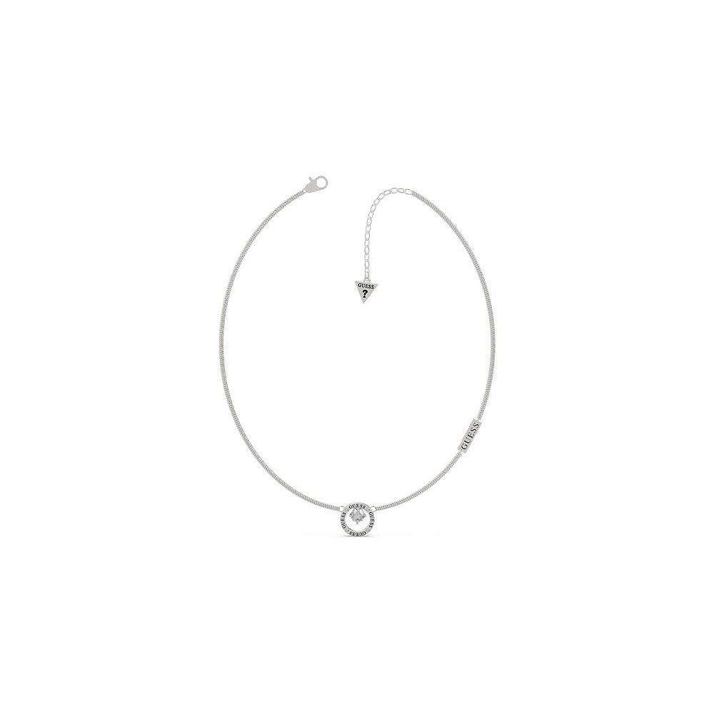 The GUESS JEWELLERY UBN20121 All Around You Silver Tone Crystal Circle Necklace features a sleek circular pendant and simple chain—an ideal accessory for everyday elegance.