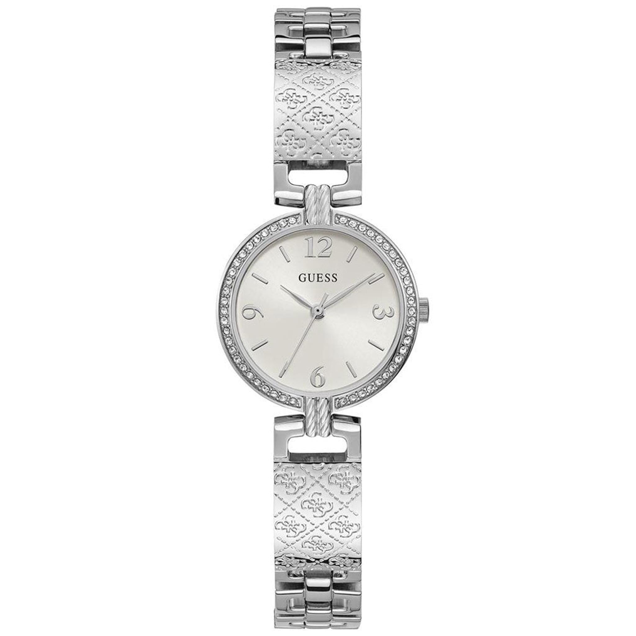 The Guess GW0112L1 Silver Tone Mini Luxe features a silver dial, crystal bezel accents, silver-tone hour markers, and an engraved patterned stainless steel bracelet.