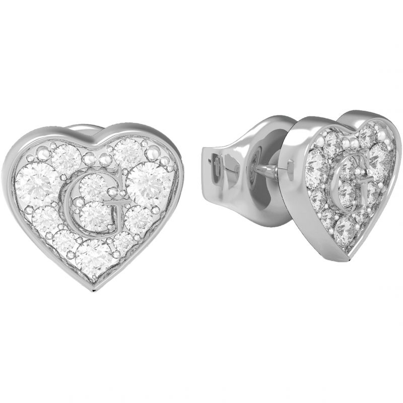 The Guess G Shine Crystal Heart Stud Earrings (UBE79072) feature heart-shaped studs with embedded clear crystals and a central "G," offering classic style with a sparkling accent.