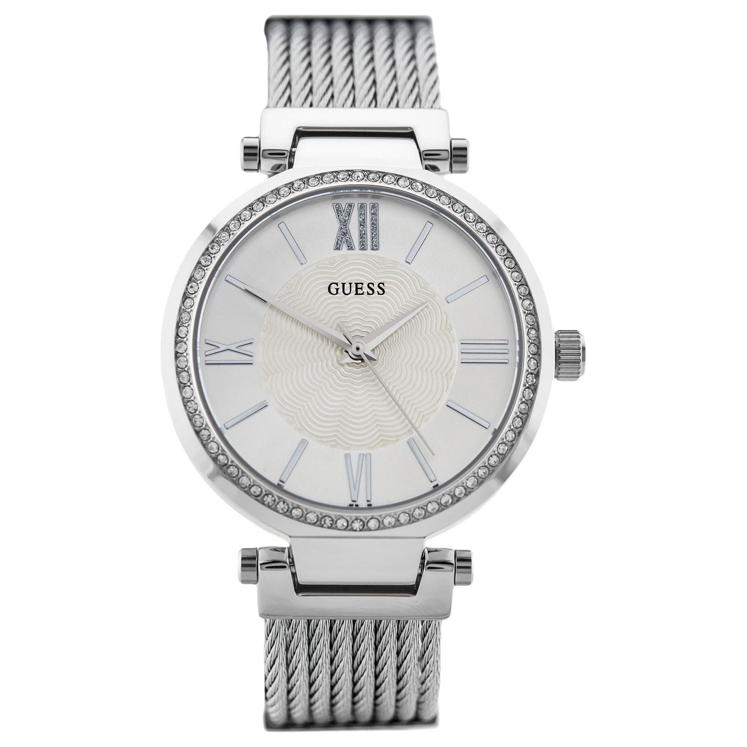 The GUESS Ladies Soho Silver Tone watch (W0638L1) features a wire cable style bracelet and round face, with Roman numerals and a crystal-set bezel, shown on a white background.