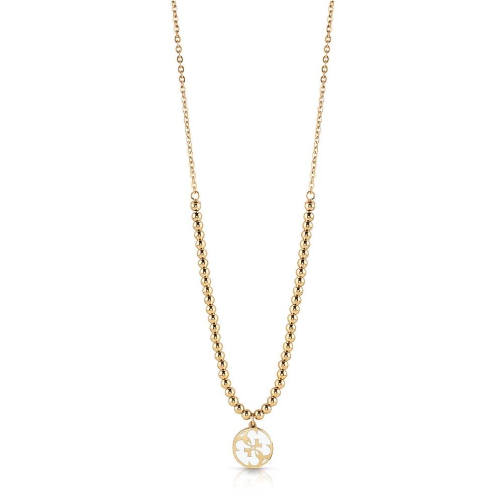 The Guess Summer Love 4G Gold Plated Bead Necklace UBN78082 features a gold beaded chain and a circular coin-inspired pendant with a cut-out geometric design, shown against a white background.