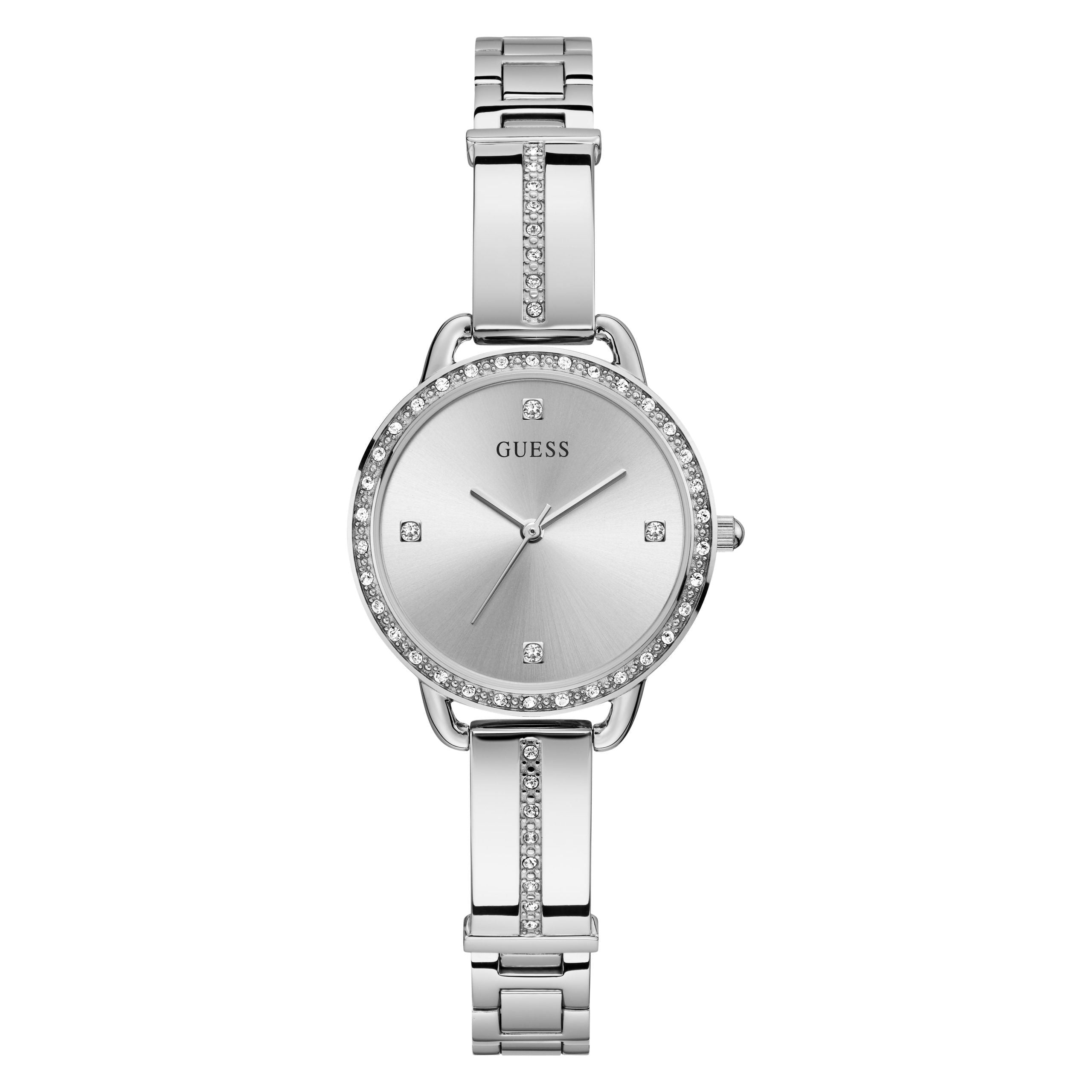 The Guess GW0022L1 Ladies Bellini Silver Tone Watch features a round, crystal-set bezel, minimalist dial, and a metal link band with embedded crystals.