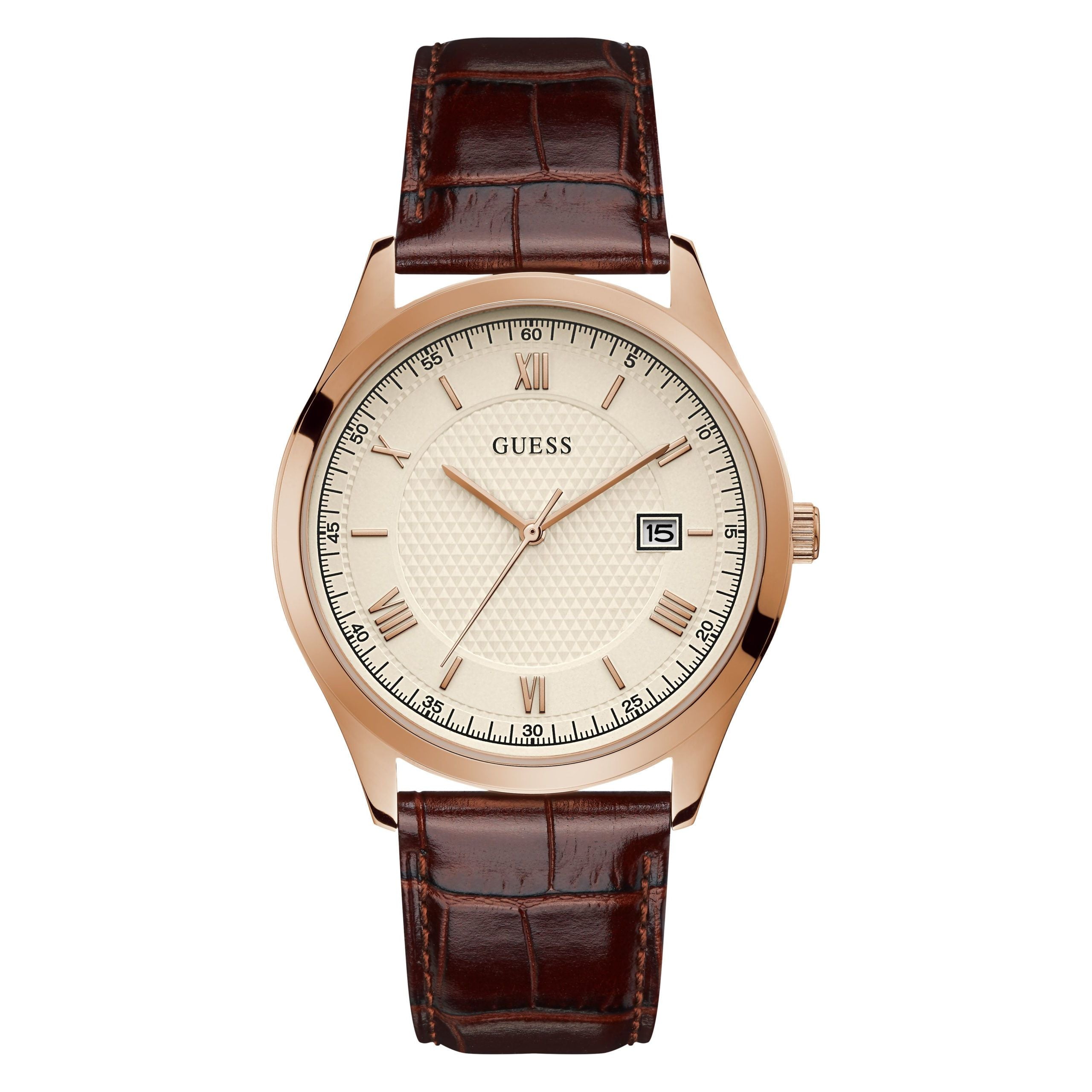 The Guess GW0065G1 Men's Element watch features a rose gold tone case, white dial with Roman numeral and stick indexes, date display at 3 o'clock, and a brown crocodile-pattern leather strap.
