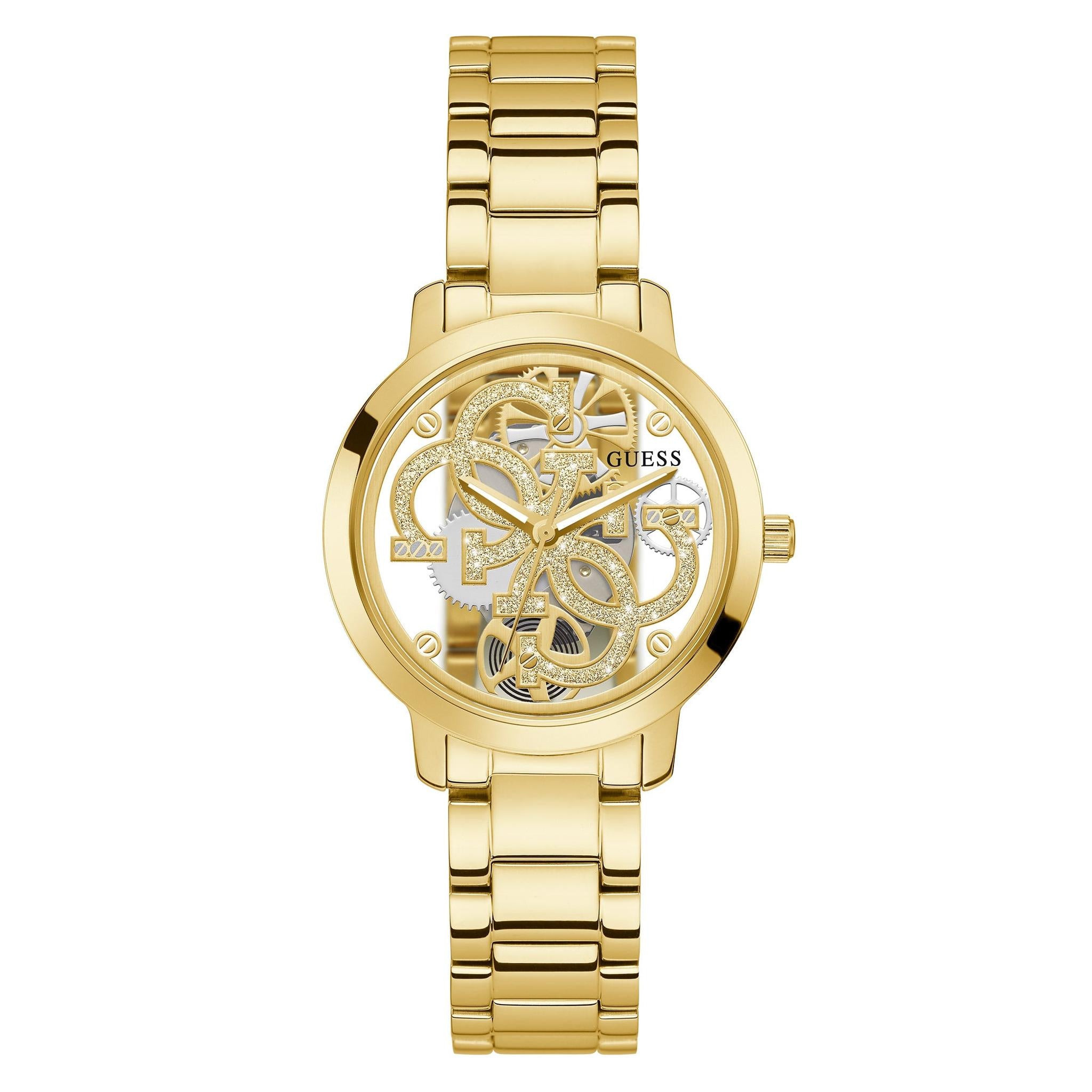 The Guess GW0300L2 Ladies Quatro Gold Tone Bracelet Watch features a metallic band and skeleton dial with visible gears and the Guess logo—making it a fashionable choice for any occasion.
