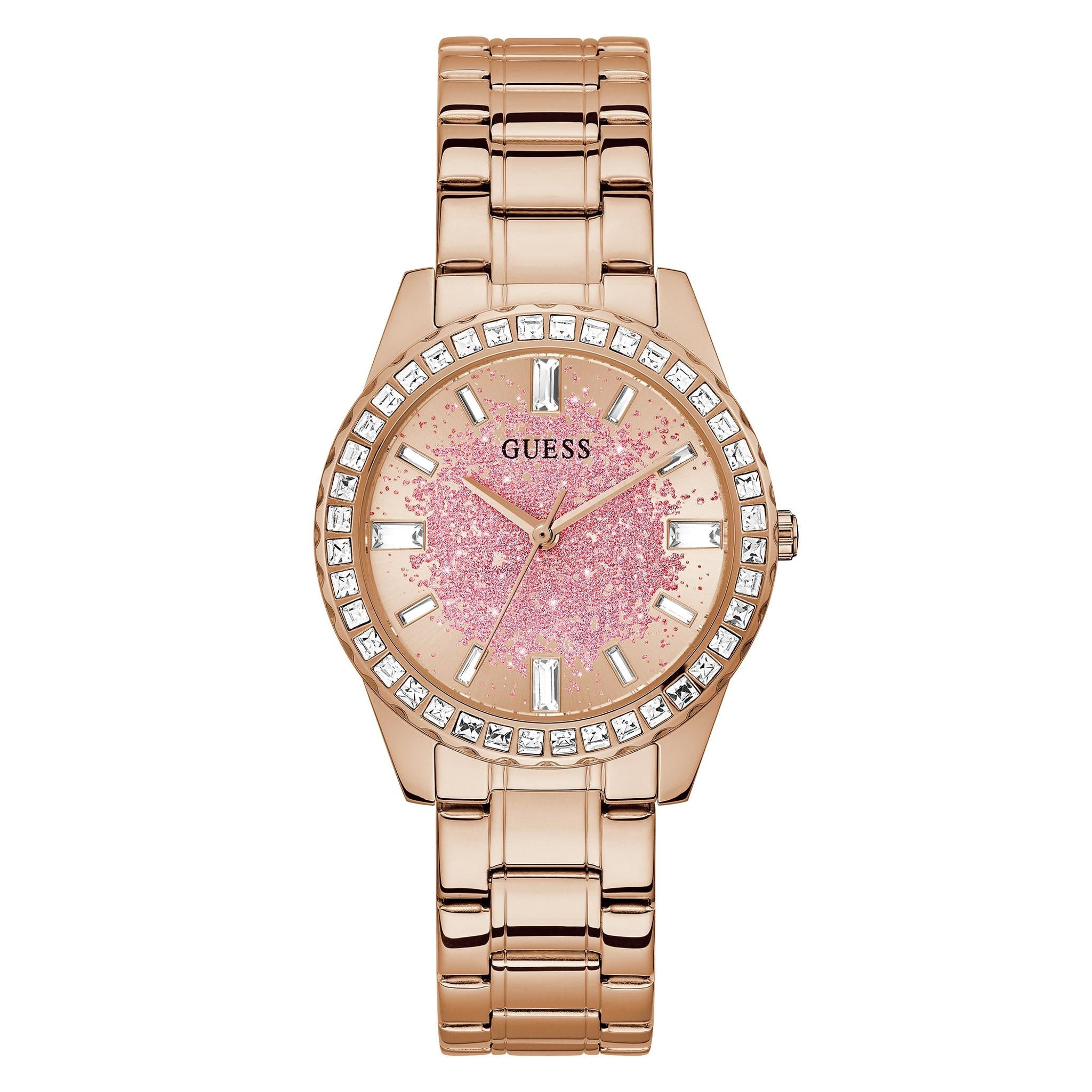 The Guess GW0405L3 Ladies Glitter Burst Rose Gold Tone Bracelet Watch features a pink glitter face, crystal hour markers, a crystal-set bezel, and a stylish metal link band.