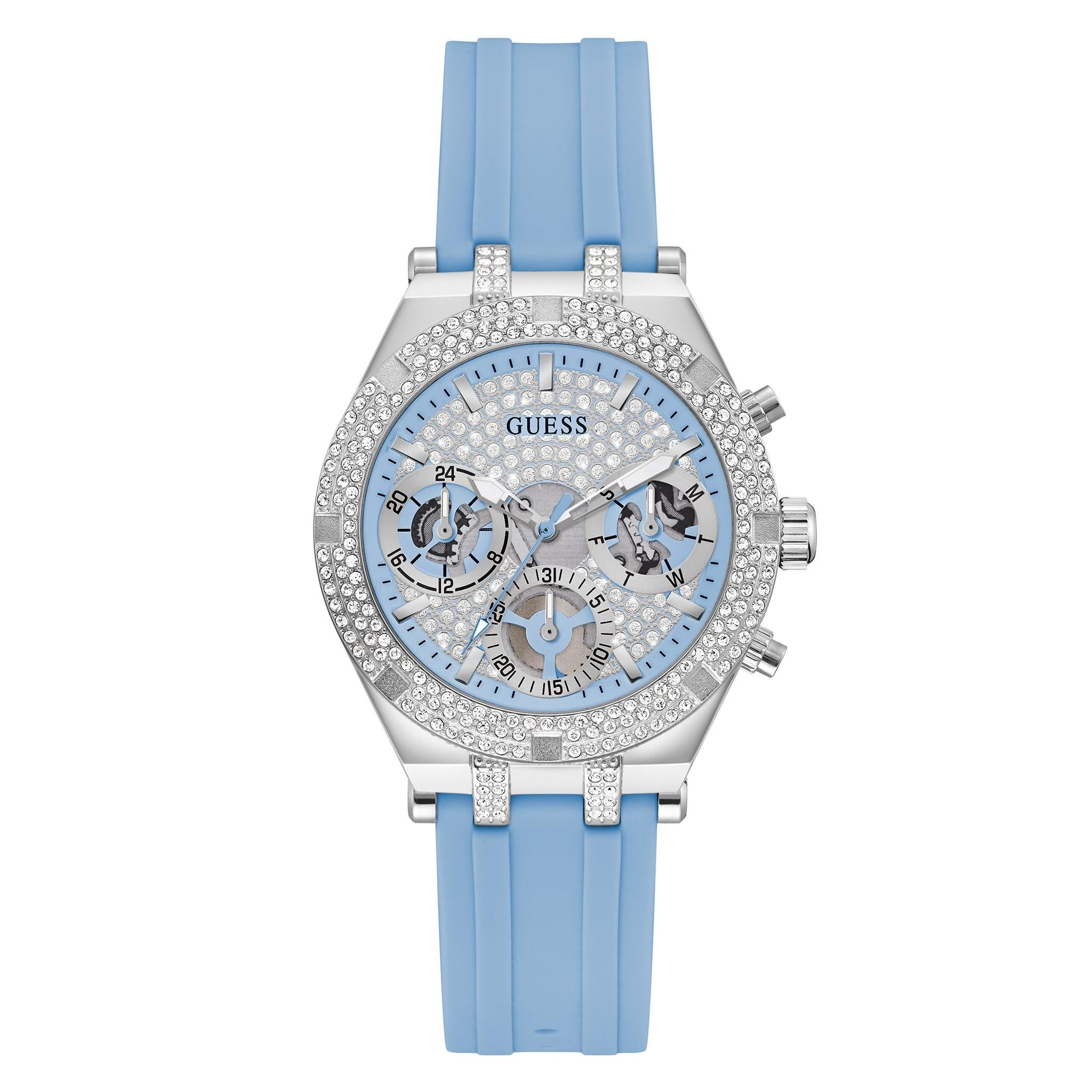 The Guess Watch GW0407L1 Ladies Heiress features a silver-tone case, blue silicone strap, crystal-studded bezel, and a striking blue skeleton dial with three subdials for modern elegance.