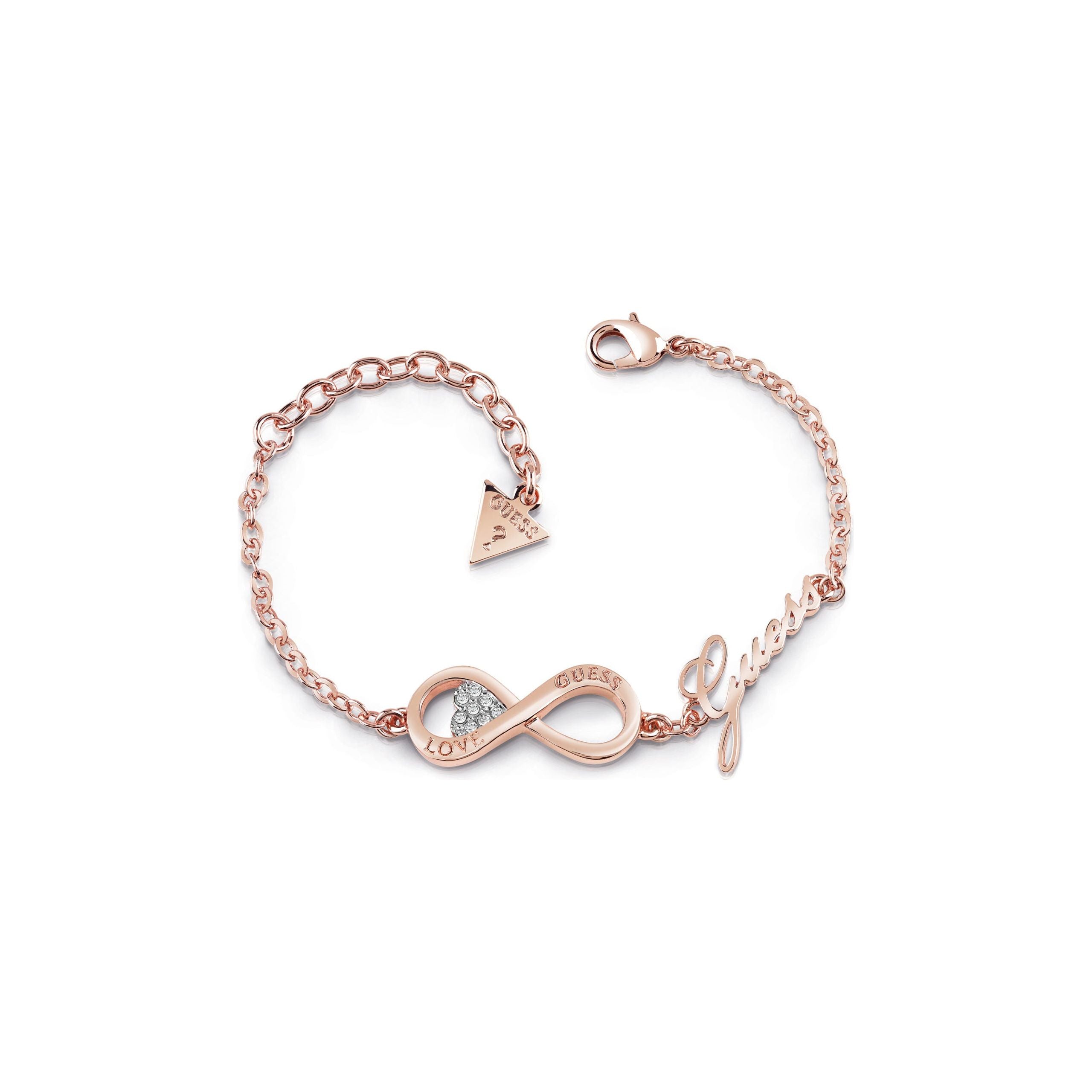 The Guess Endless Love Rose Gold Plated Crystal Infinity Bracelet (UBB85066-L) features an infinity and heart pendant with Swarovski crystals, "LOVE GUESS" inscription, a "Guess" charm, and a secure lobster clasp.