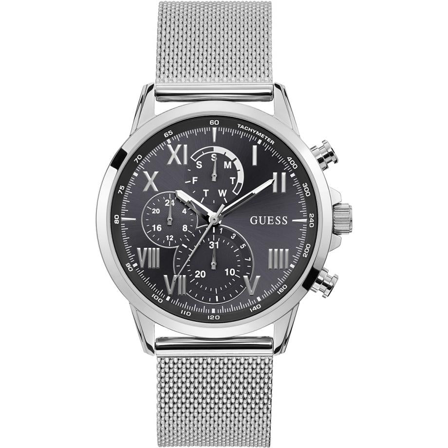 Guess Mens Porter Watch W1310G1 featuring a mesh stainless steel band, black dial with Roman numerals, three subdials, and two side buttons.