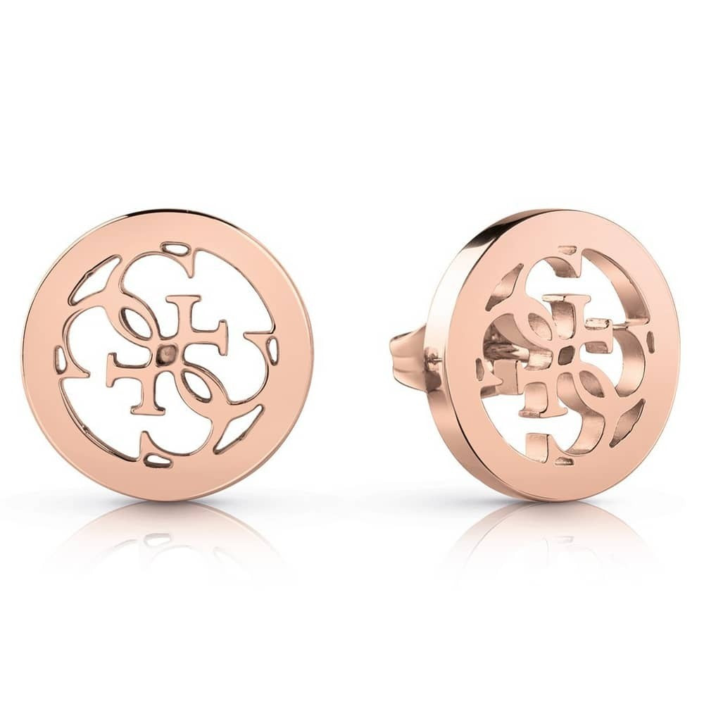 Guess Tropical Sun Rose Plated Logo Stud Earrings (UBE78009) feature an openwork monogram design in rose gold, displayed on a white background.