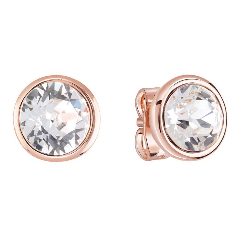 The Guess Miami Rose Gold Plated Stud Earrings UBE83060 feature clear Swarovski crystals in a classic round design for timeless elegance.