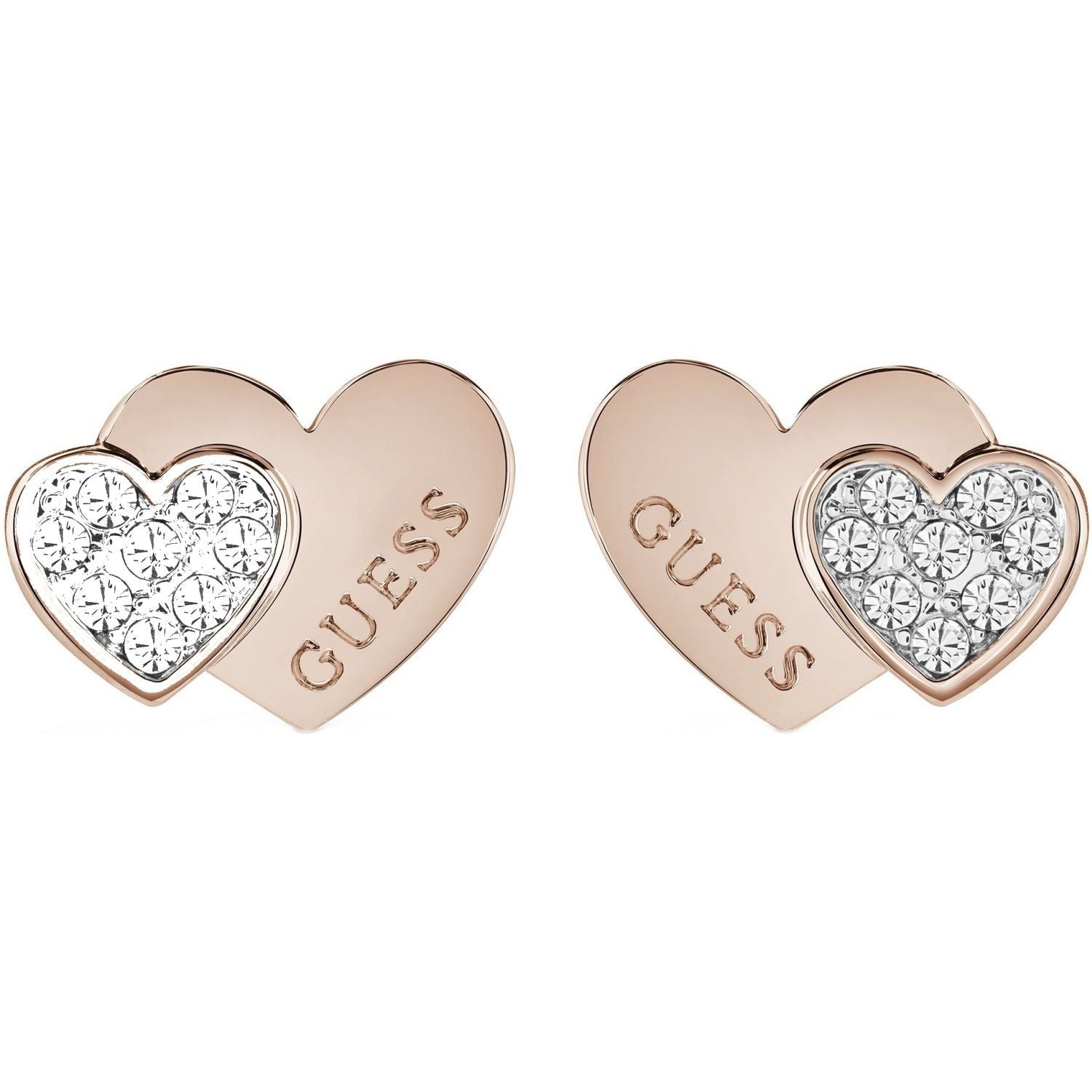 The GUESS JEWELLERY Me & You Double Heart Earrings UBE84120A feature rose gold heart-shaped studs engraved with "GUESS" and a smaller rhinestone-accented heart, showcasing the chic style of GUESS jewellery.