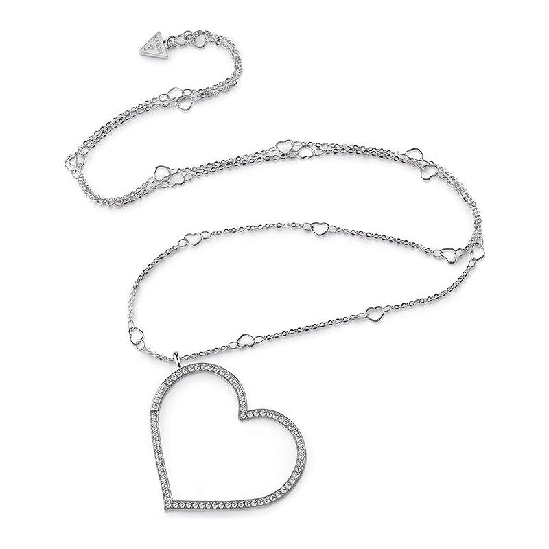 The Guess Guess Rhodium Plated 31-inch Heart Charm Crystal Necklace (UBN28006) features a large open heart pendant accented with sparkling crystals and small heart-shaped links along the chain.
