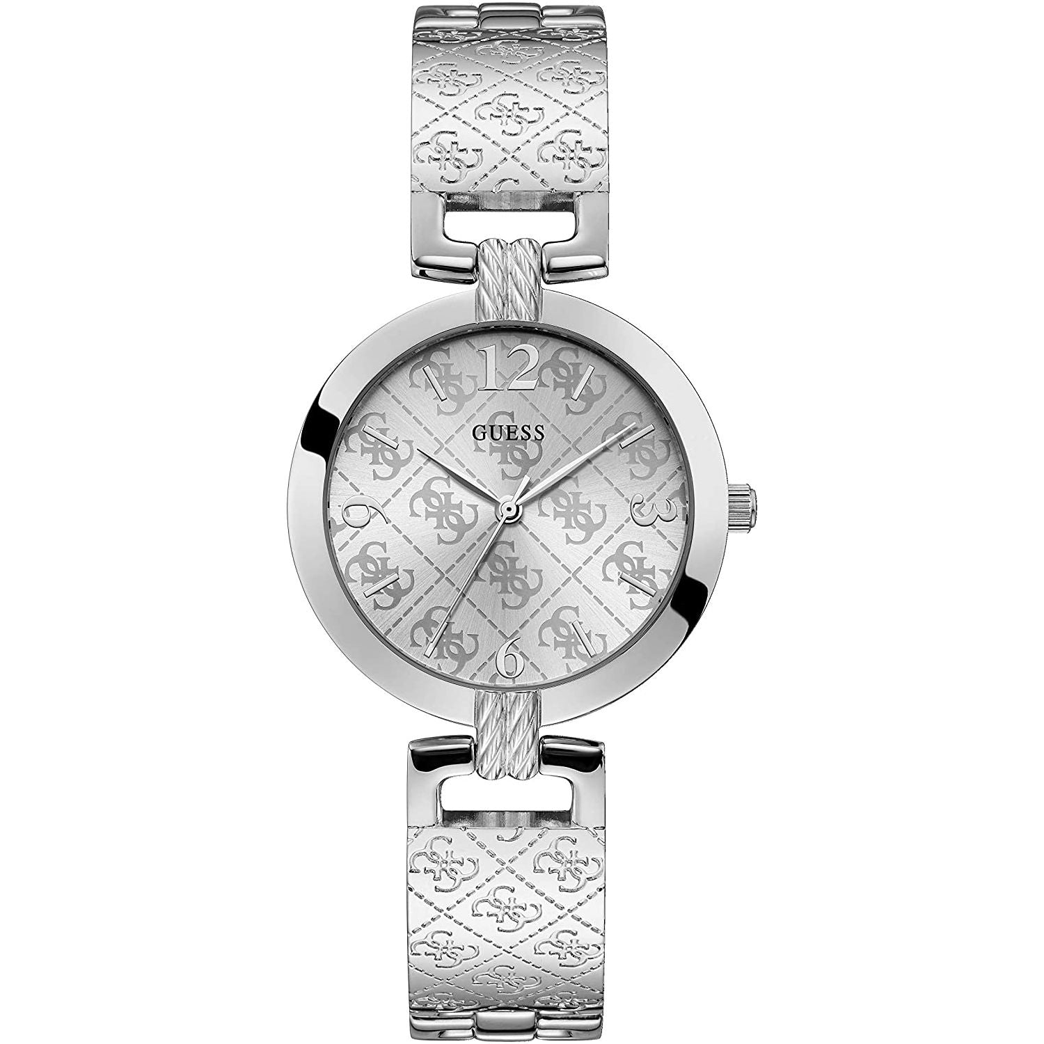 The Guess W1228L1 Women's G Luxe Silver Tone Watch features a round case, patterned dial with logo and monogram, and an adjustable bracelet for a minimalist, versatile look.