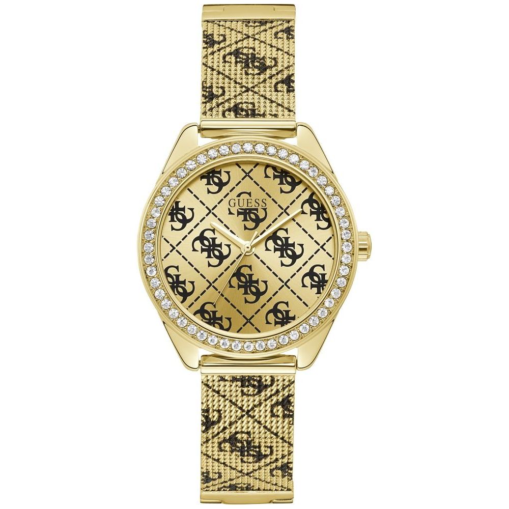 The Guess Claudia W1279L2 Ladies Watch features a gold patterned dial and strap, a crystal-studded bezel, repeated Guess logos on the dial and band, and a refined gold-tone stainless steel mesh bracelet.