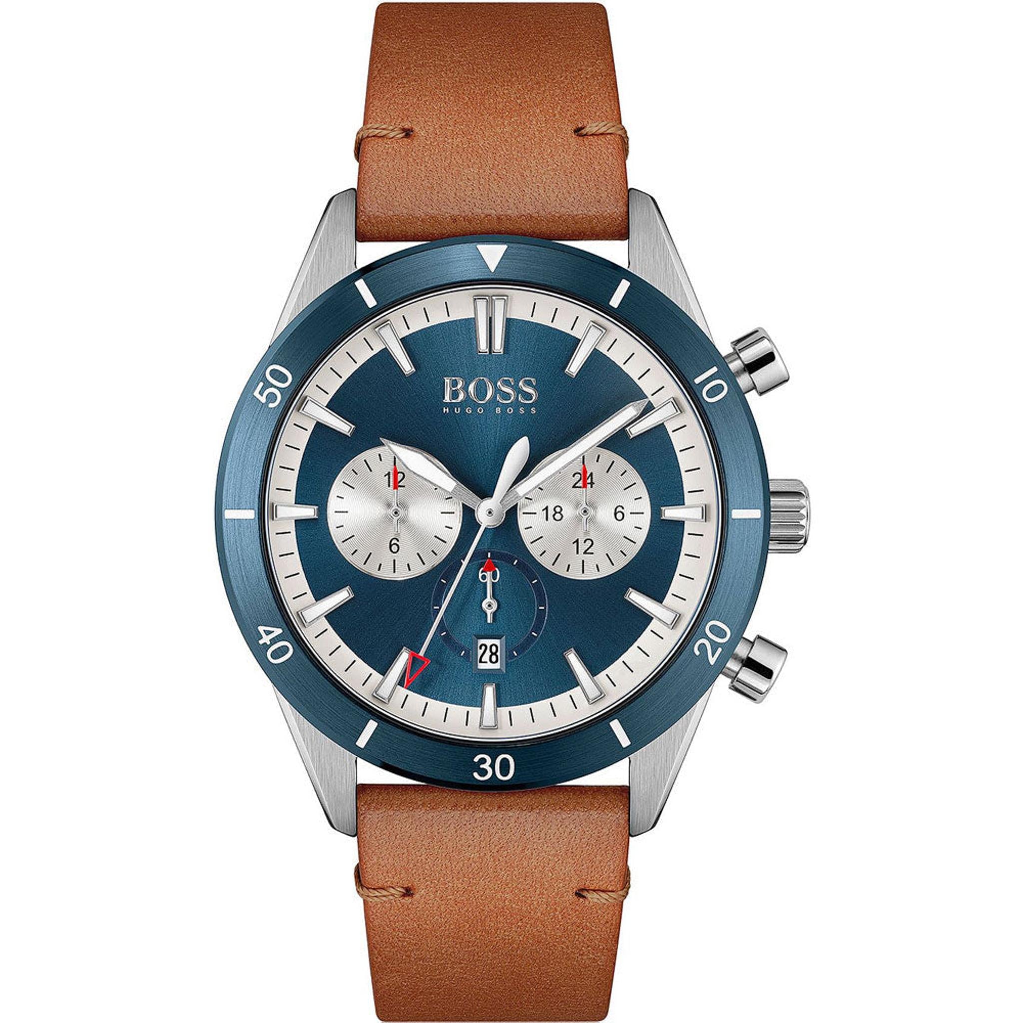 The Hugo Boss 1513860 Men's SANTIAGO features a blue chronograph dial with two subdials, date display, and a stylish brown leather strap.