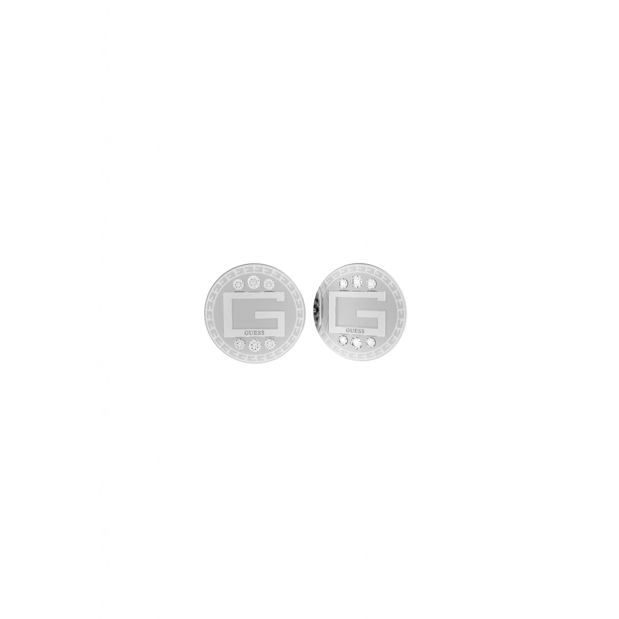 The Guess Jewellery Ladies G Solitaire Silver Tone Crystal Stud Earrings UBE01028RH feature silver-tone studs with sparkling crystals, elegantly presented on a white background.