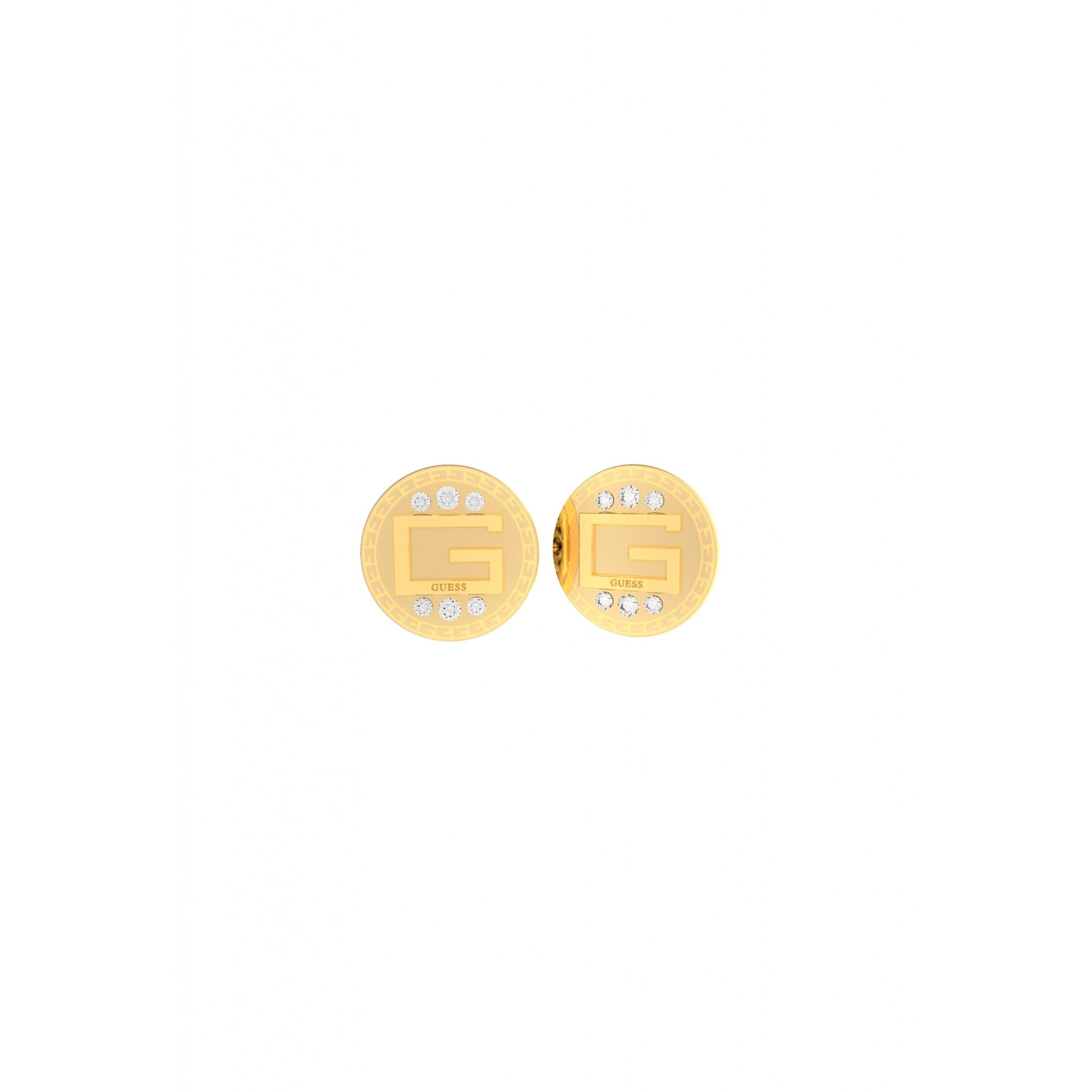 The Guess Jewellery G Solitaire Gold Tone Crystal Stud Earrings (UBE01028YG) feature the iconic logo and small clear rhinestones on a white background, adding a touch of sparkle and elegance to any outfit.