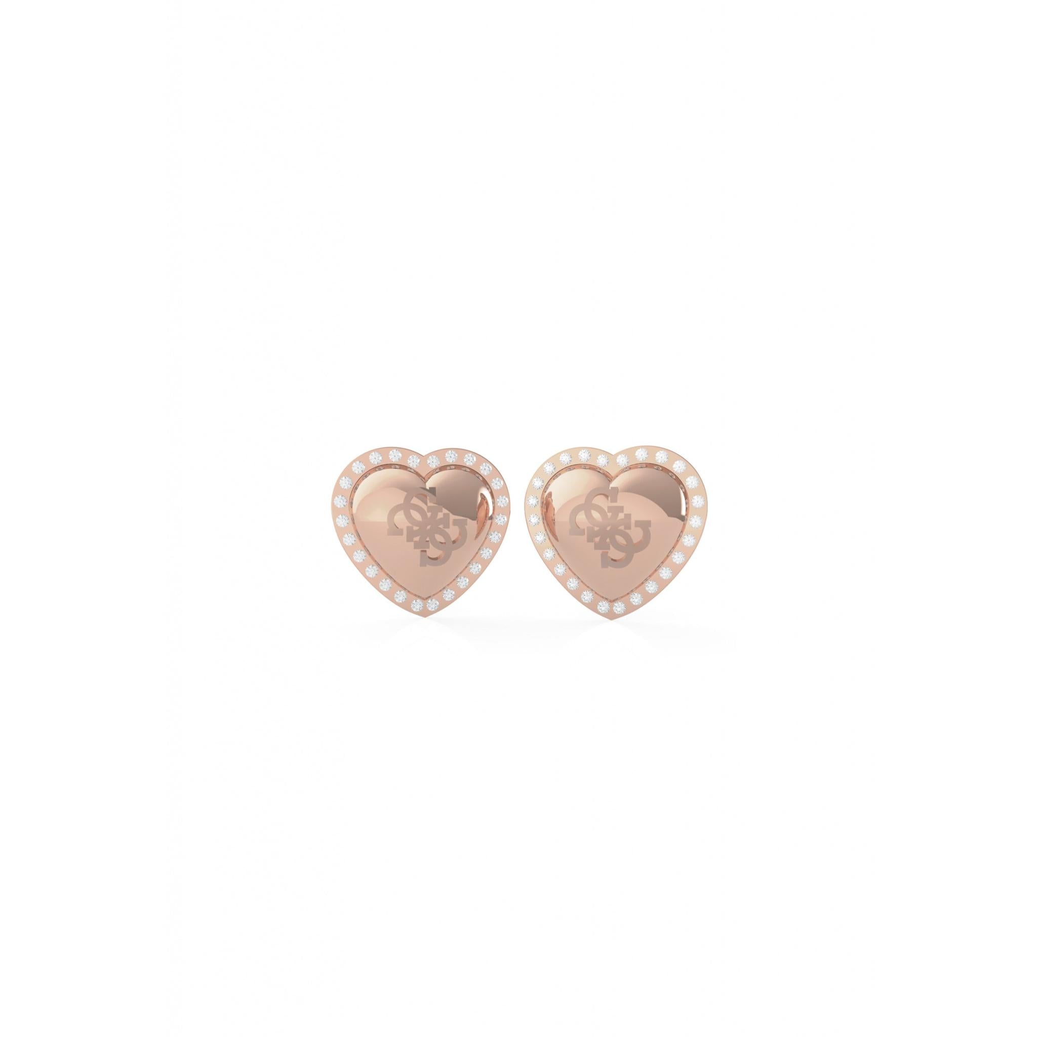 The GUESS That's Amore 4G Rose Gold Tone Heart Stud Earrings (UBE01073RH) feature heart-shaped studs with a pearl border and an engraved 4G logo, shown on a white background.