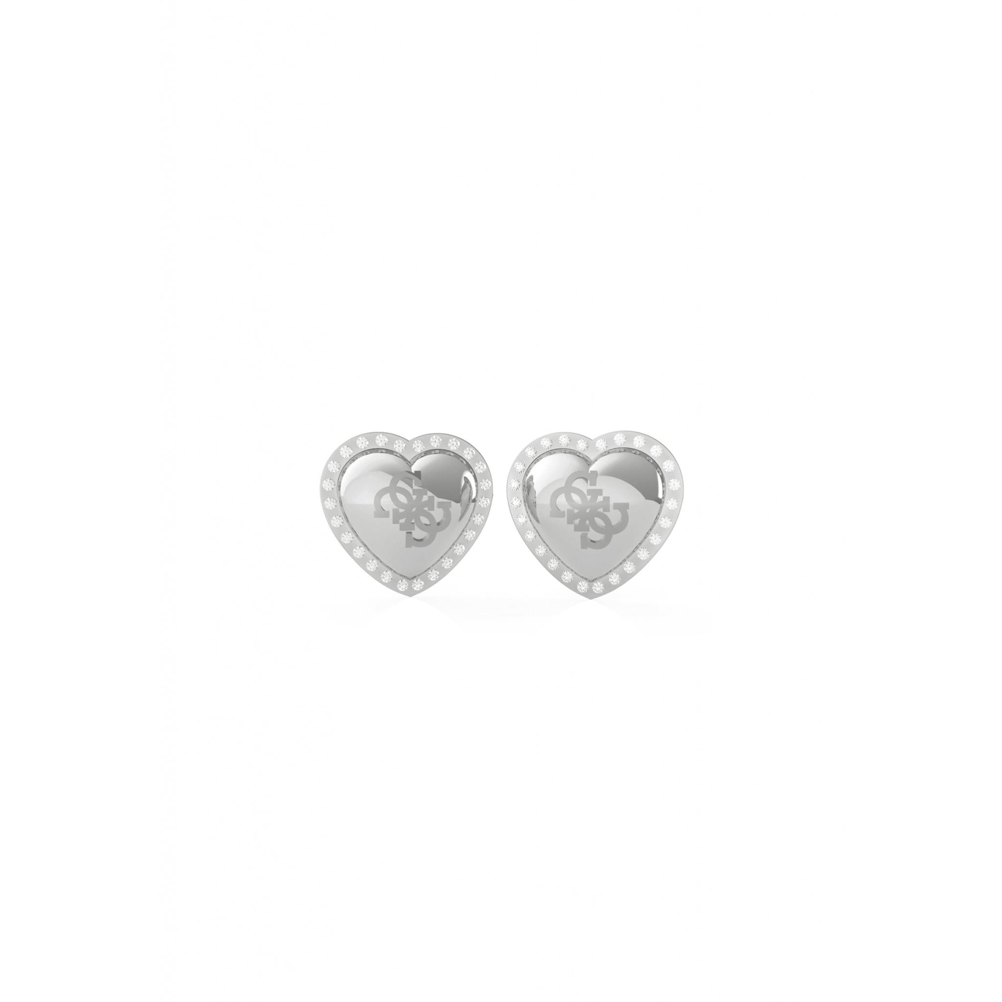 The GUESS That's Amore 4G Silver Tone Heart Stud Earrings (UBE01073RH) feature a border of crystals and an engraved floral center, creating a charming and elegant accessory.
