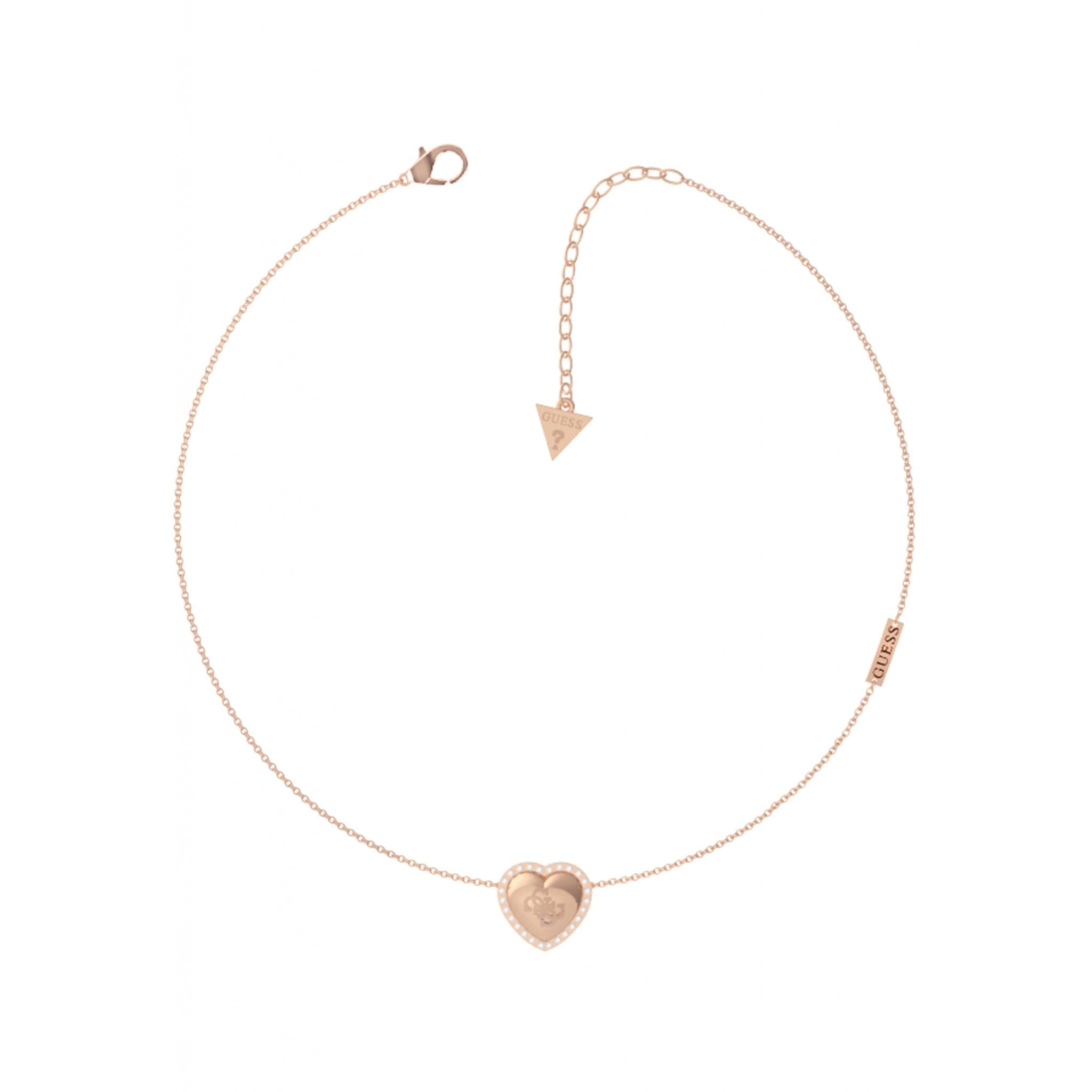 The Guess Jewellery That's Amore 4G Rose Gold Tone Necklace (UBN01066RG) features an adjustable clasp and a central heart-shaped pendant, offering a touch of elegance to your collection.