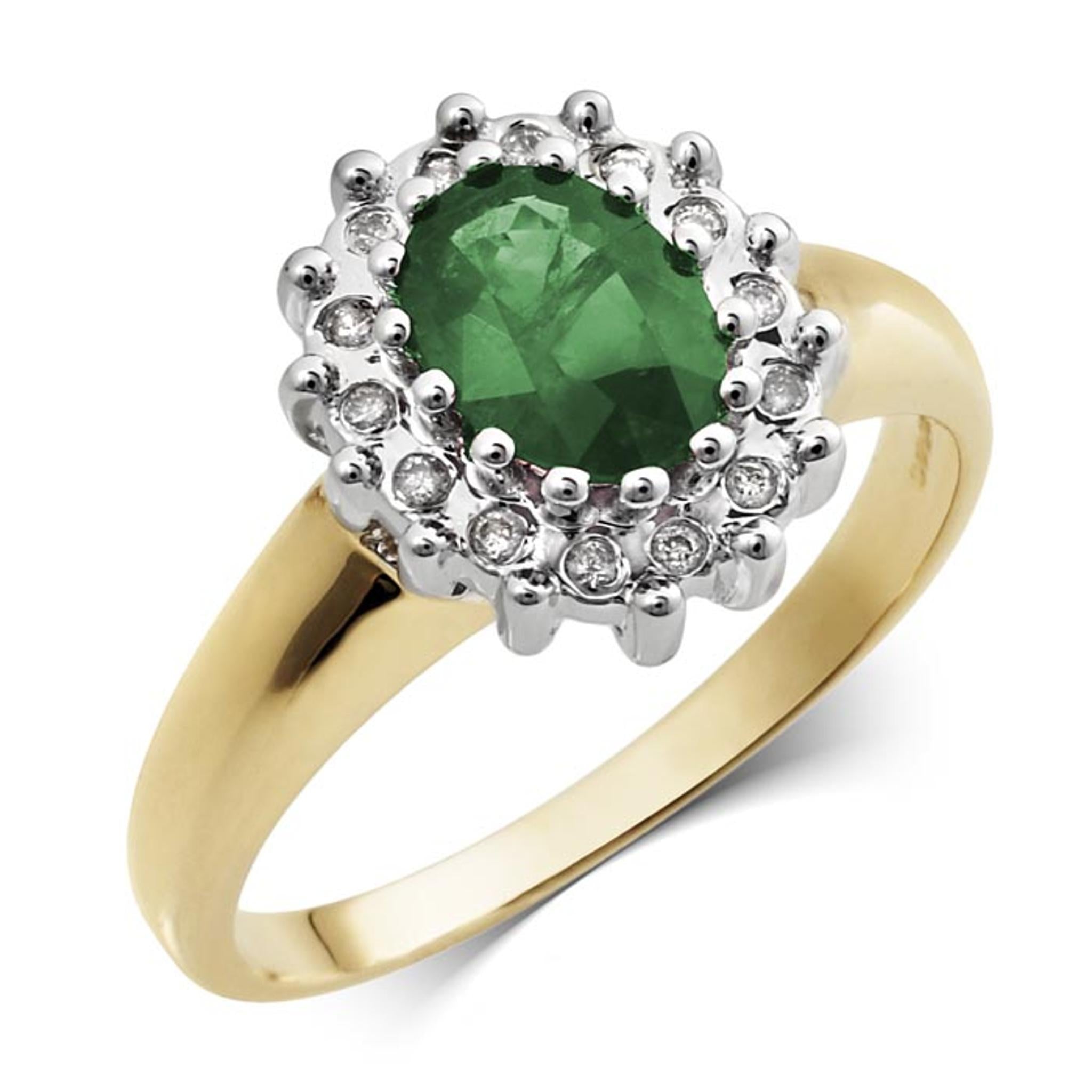 The 9ct Gold Diamond and Emerald Oval Cluster Ring features an oval emerald encircled by a halo of brilliant-cut diamonds in a silver-toned setting.