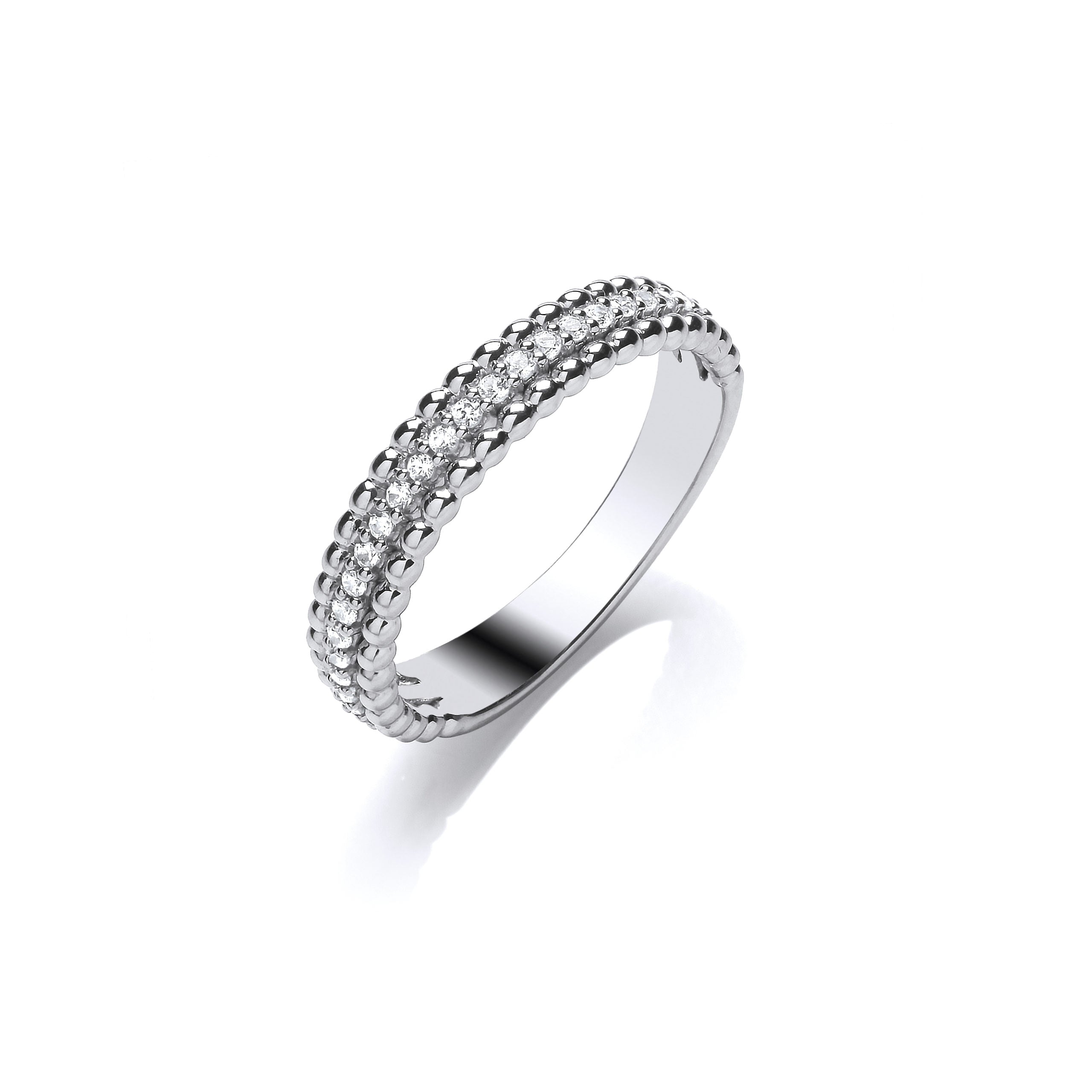 The 9ct White Gold Diamond Band 0.14ct features a central row of brilliant cut diamonds and beaded detailing on both edges, shown against a white background.