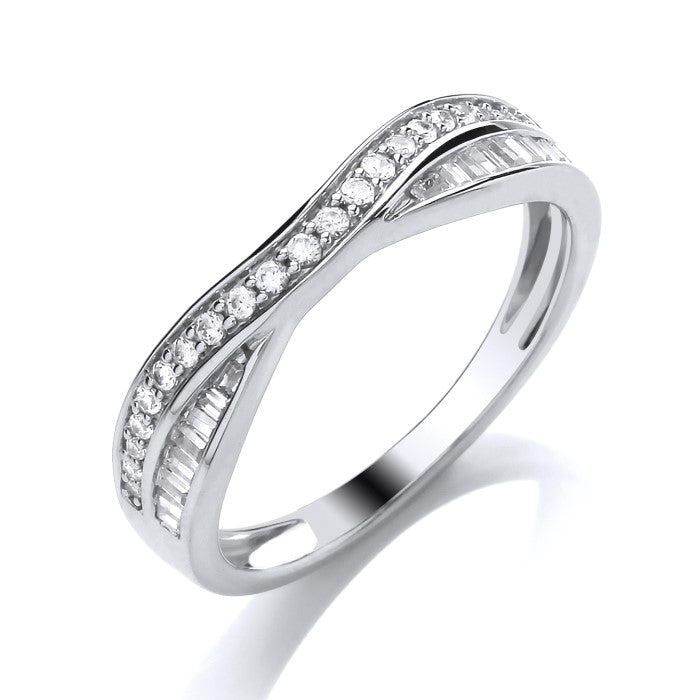 The 9ct White Gold Baguette and Brilliant Cut Diamond Shaped Band features a wavy design with two rows of 0.25ct diamonds—round brilliant and sparkling baguette cuts.