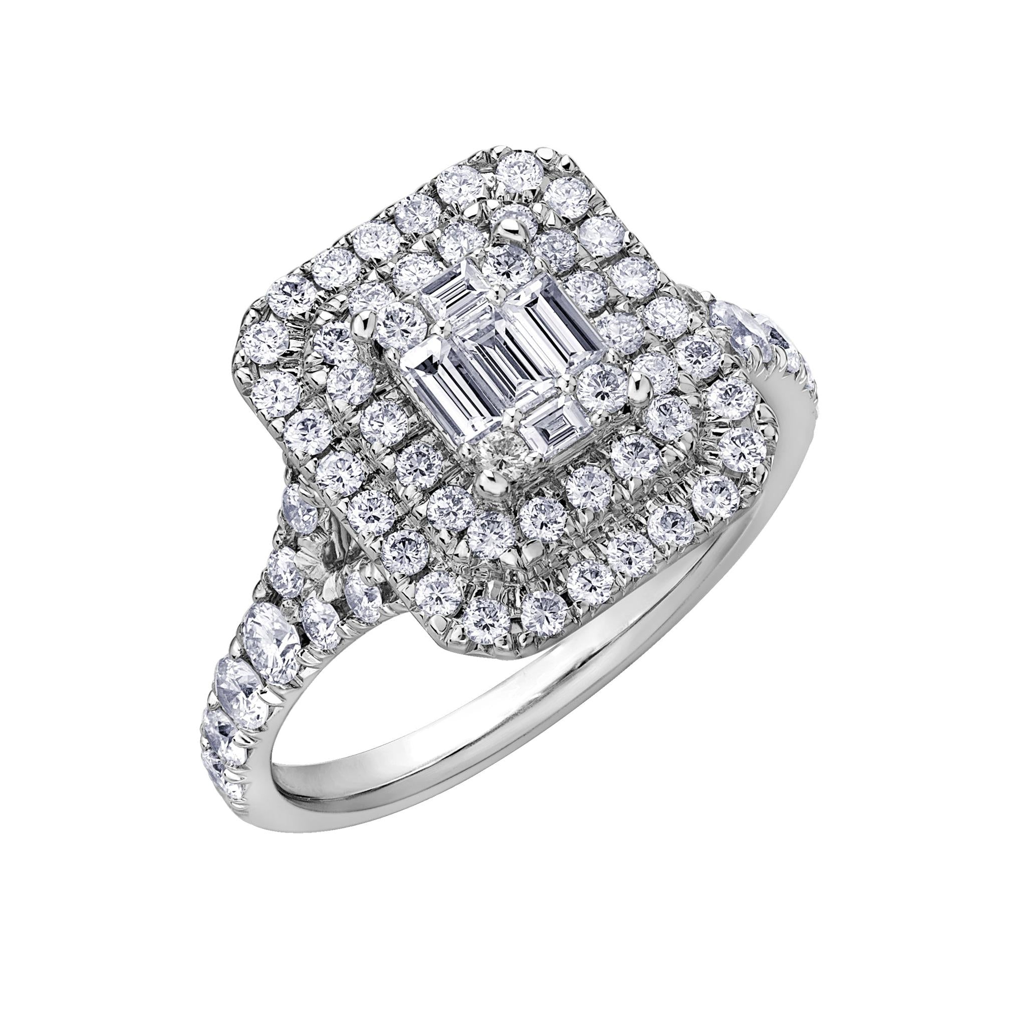 The 9ct White Gold 1.00ct Baguette and Brilliant Cut Diamond Cocktail Ring showcases a square diamond cluster, double halo, and diamond-accented band for a stunning look.