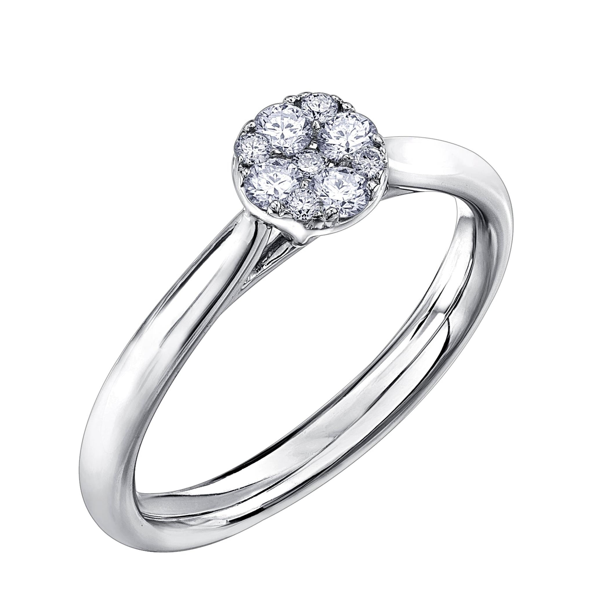 A 9ct white gold ring showcasing a 0.25ct diamond cluster, with seven clear stones set at the center.