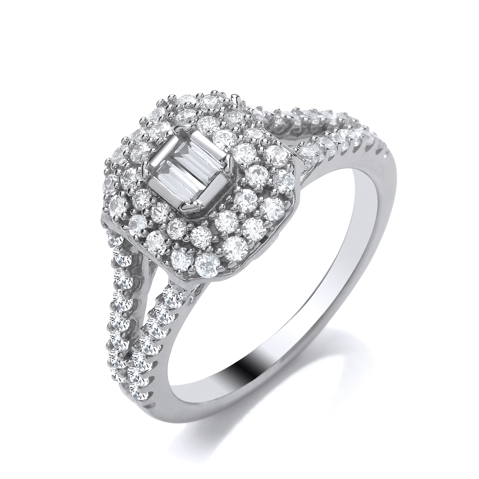 The 9ct White Gold Baguette and Brilliant Cut Diamond Ring 1.00ct features a split shank, a rectangular cluster of baguette and brilliant-cut diamonds, and is accented by smaller round diamonds.
