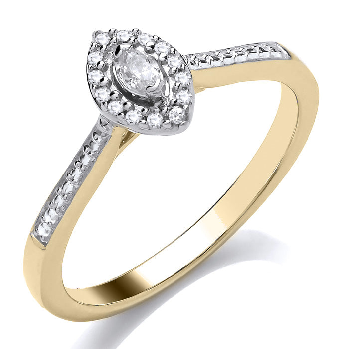 The 9ct Yellow Gold Diamond Marquise Cut Cluster Ring 0.10ct features a central marquise diamond surrounded by a halo of brilliant cut stones and additional diamonds on the band, creating an elegant and timeless look.