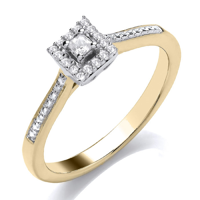 The 9ct Yellow Gold Princess Cut Ring 0.10ct features a square diamond cluster and accent stones on the band, capturing the sophisticated style of a Diamond Halo Ring.