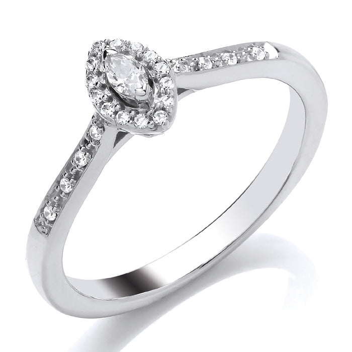 A 9ct White Gold Diamond Marquise Ring 0.10ct, showcasing a marquise center diamond surrounded by a halo of round diamonds, with extra diamonds set along the band.