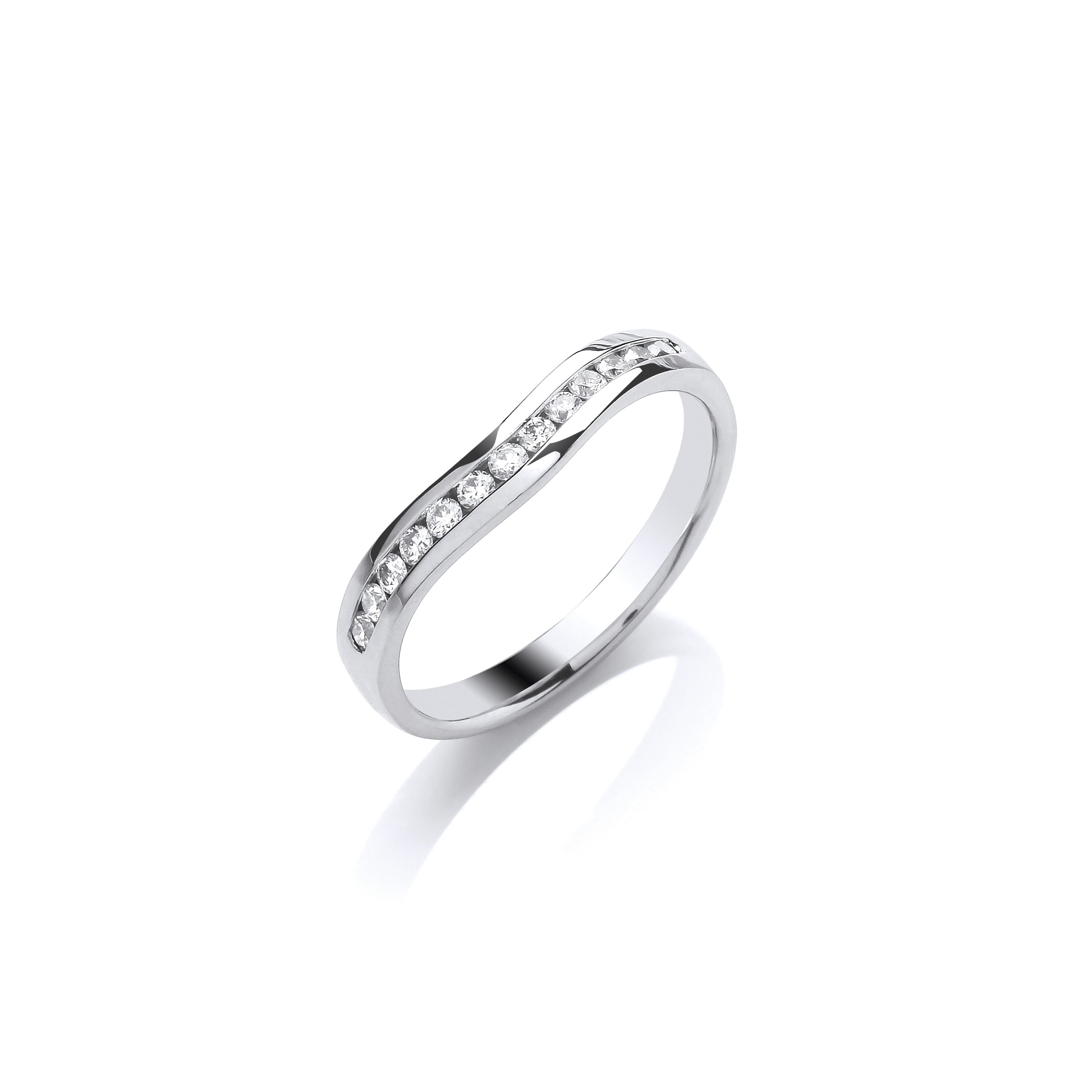 The 9ct White Gold Curved Diamond Band 0.20ct features a gentle wave design with brilliant cut diamonds set along the top half, shown against a white background.
