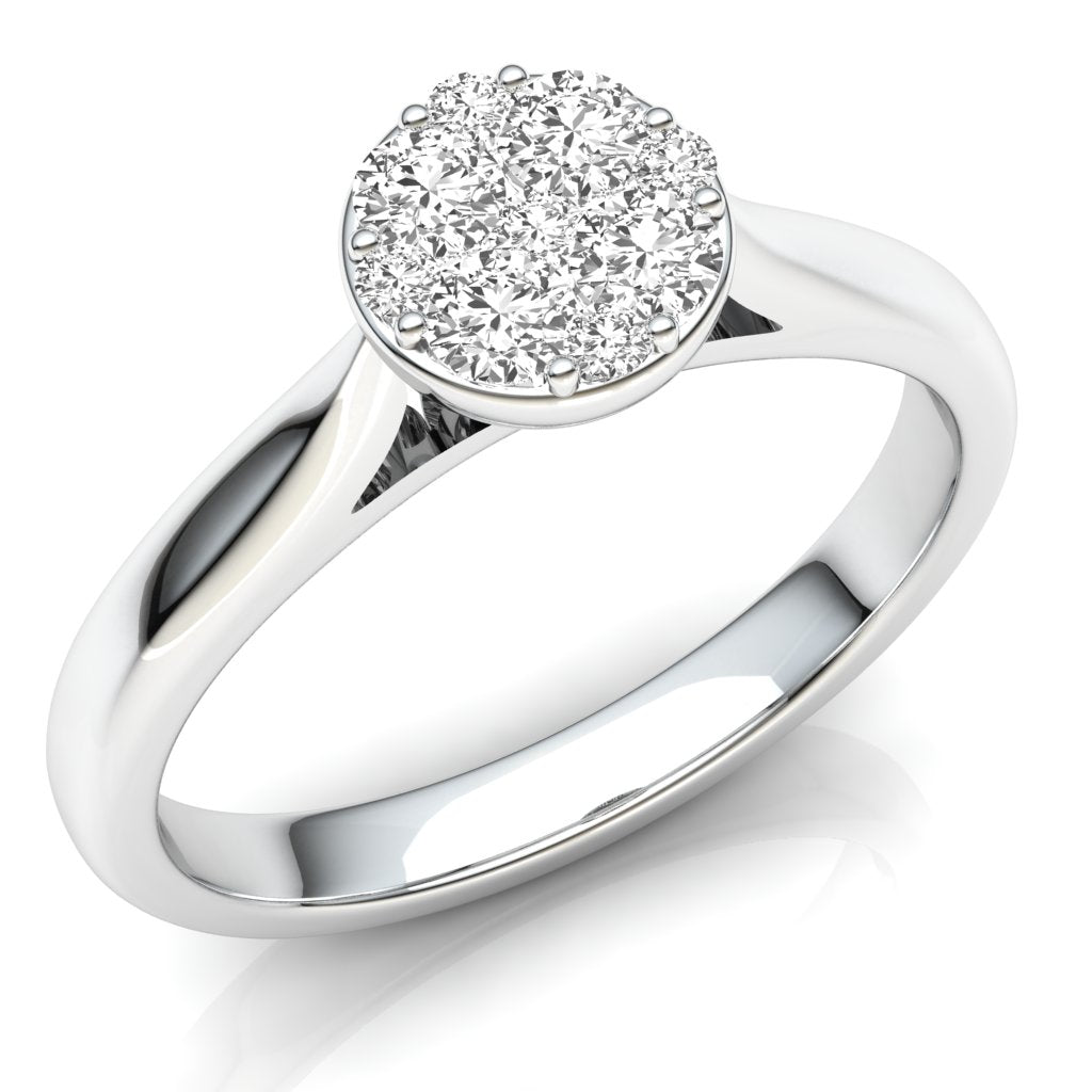 The 9ct White Gold Diamond Cluster 0.25ct ring showcases a certified round cluster of small diamonds, elegantly set on top and displayed against a white background.