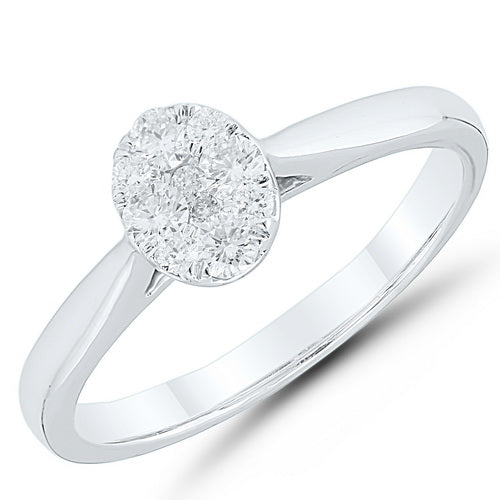 The 9ct White Gold Oval Diamond Cluster 0.25ct ring features an elegant oval cluster of brilliant cut diamonds set on a polished white gold band.
