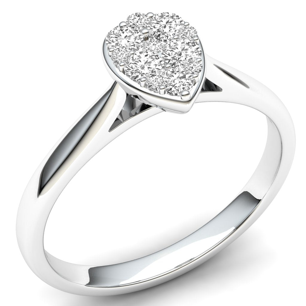 The 9ct White Gold Pear Shape Diamond Ring 0.25ct features a cluster of sparkling diamonds in a pear shape, offering a dazzling and elegant look.