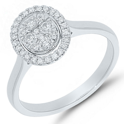 The 9ct White Gold Oval Diamond Halo Ring 0.35ct showcases a sparkling oval diamond cluster at its center, encircled by a dazzling halo of diamonds set on the white gold band.