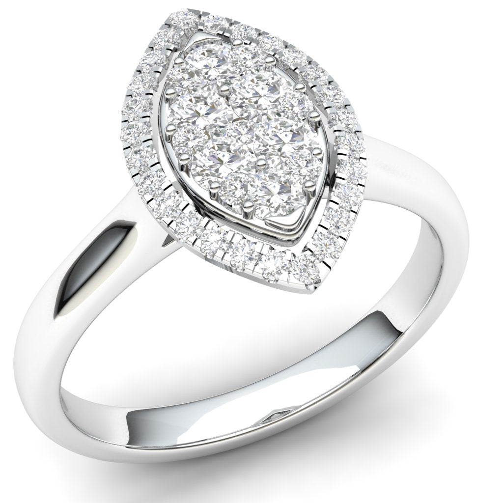 The 9ct White Gold Diamond Marquise Ring 0.35ct showcases a marquise-shaped cluster of brilliant cut diamonds in white gold, enhanced by a dazzling halo for added sparkle.