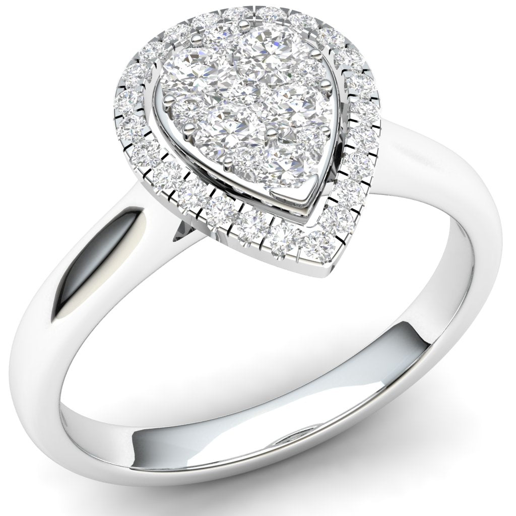The 9ct White Gold Pear Shape Diamond Halo Ring features a pear-shaped diamond cluster surrounded by a halo of smaller certified diamonds, all set on a polished white gold band.