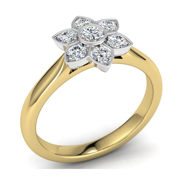 Certified 9ct yellow gold ring featuring a 0.25ct diamond flower cluster set in white metal.