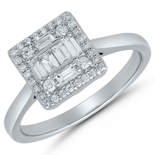The 9ct White Gold Baguette and Brilliant Cut Diamond Ring 0.33ct features a square diamond cluster with baguette and round stones set on a sleek white gold band.