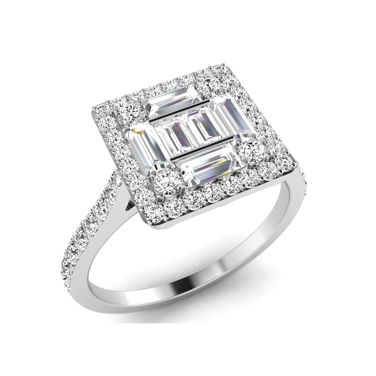 The 9ct White Gold Baguette Diamond Ring 0.50ct features three rectangular baguette center stones, a square halo of diamonds, and additional diamonds on the band for a stunning, certified look.