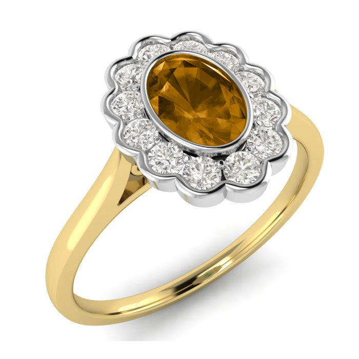 The 9ct Yellow Gold Diamond and Citrine Oval Cluster Ring features a central oval citrine surrounded by a halo of sparkling diamonds in a classic setting for timeless elegance.