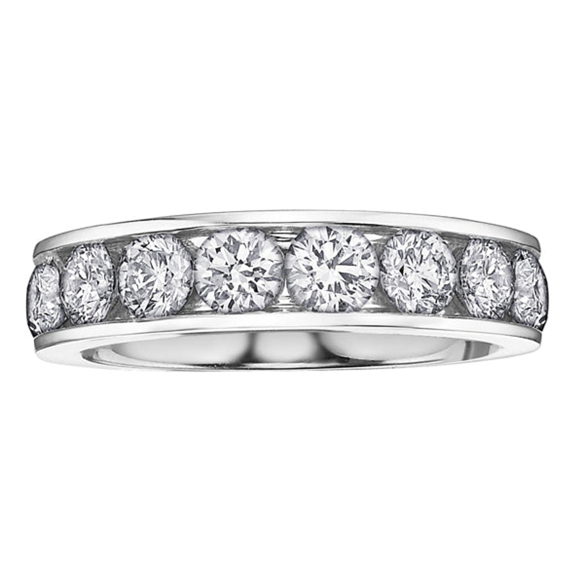 The 9ct White Gold Channel Set 1.00 Carat Diamond Eternity Band features a row of round-cut diamonds in a sleek channel setting—ideal as an elegant wedding or timeless eternity ring.