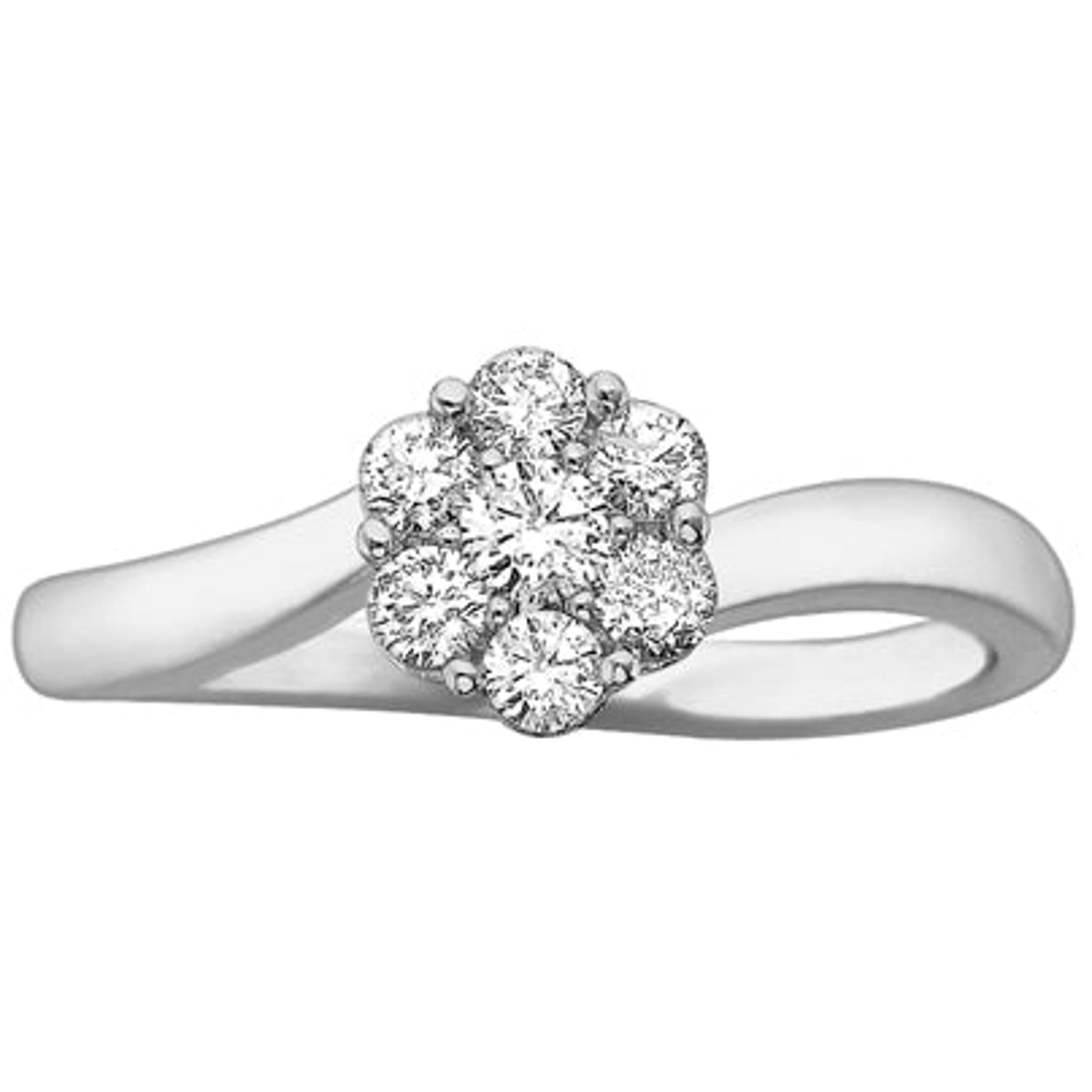 The 9ct White Gold Diamond Daisy Cluster Twist Ring 0.50ct features a floral cluster of round diamonds set on a delicately twisted white gold band.