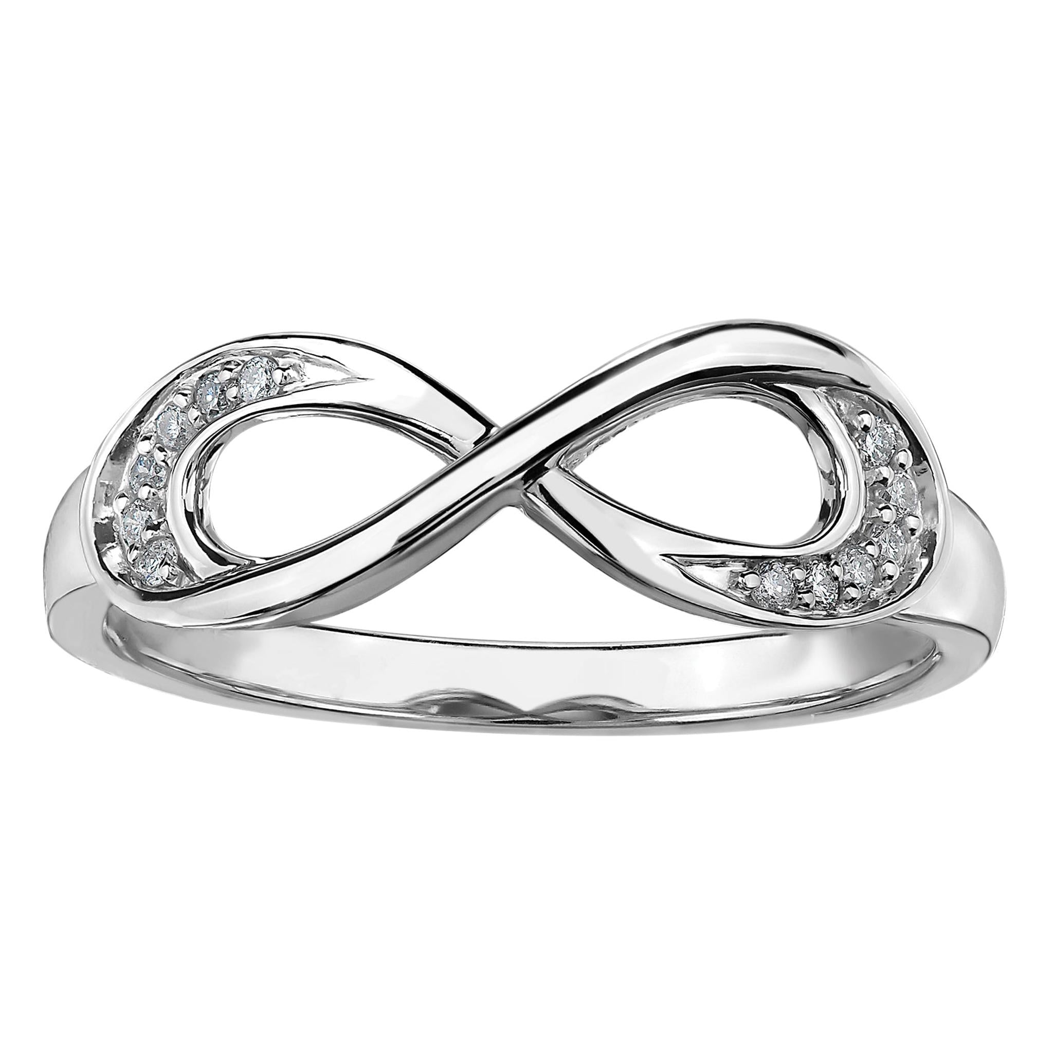 The White Gold Diamond Infinity Ring 0.06ct features a classic infinity design with sparkling diamonds set on one side of each loop, adding elegant brilliance to this timeless piece.